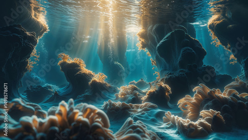 Fototapeta Naklejka Na Ścianę i Meble -  Vibrant coral reef scene with sunlight filtering through the water, creating a serene atmosphere.