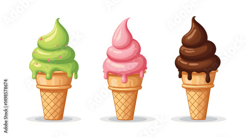 A delightful moment of frozen indulgence with three uniquely styled ice cream cones. Each cone presents a different flavor profile and appealing appearance that can brighten any food photography