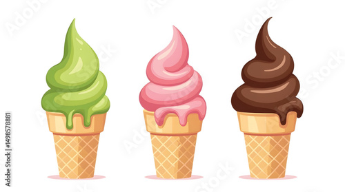 A delightful moment of frozen indulgence with three uniquely styled ice cream cones. Each cone presents a different flavor profile and appealing appearance that can brighten any food photography