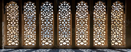 Ornate windows, sunlight, shadows, interior design
