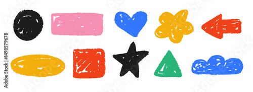 Colorful hand drawn crayon shape set. Bright charcoal geometric doodle collection. Childish sketch cloud, arrow, star, heart elements. Vector pastel pencil texture form pack for sticker, patch, badge
