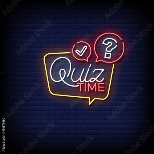 quiz time neon sign with brick wall background vector