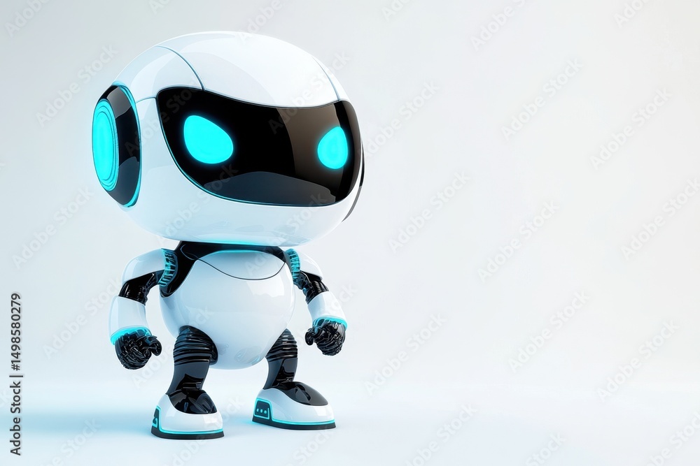 This charming futuristic robot character features bright blue eyes and a sleek design, perfect for technology-themed projects or playful concepts in digital art. This charming futuristic robot character features bright blue eyes and a sleek design, perfect for technology-themed projects or playful concepts in digital art.