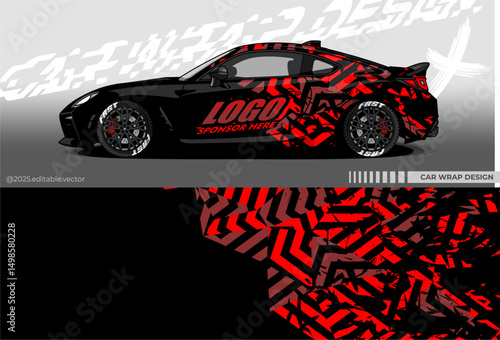 Illustration vector grahic of Car wrap decal with abstract geometry design.Black, red colour. Livery car editable. Mockup template sticker vinyl for racing, drift, rally, or daily use