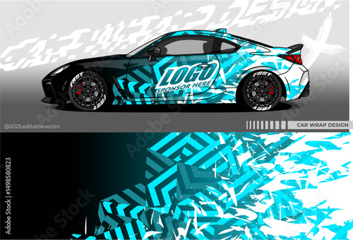 Illustration vector grahic of Car wrap decal with abstract geometry design. Black, Blue, white colour. Livery car editable. Mockup template sticker vinyl for racing, drift, rally, or daily use