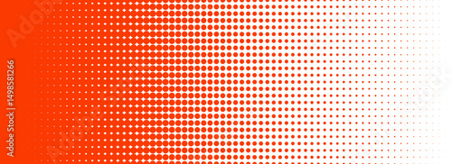 Red halftone gradient texture. Fading cartoon polka dot background. Repeated dotted gradation pattern. Vanishing comic pop art overlay backdrop. Raster halfton patern effect wallpaper. Vector