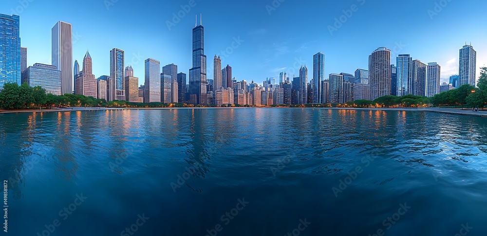 Fototapeta premium Panoramic view of chicago skyline across lake michigan at dusk