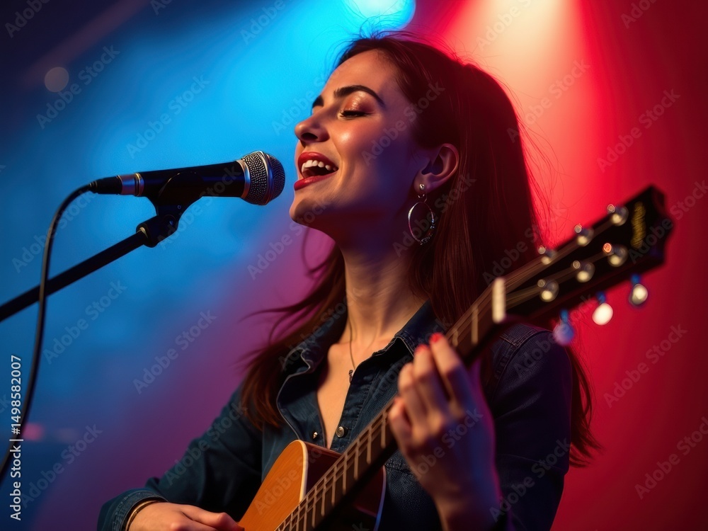 Obraz premium A talented woman performs heartfelt songs at a lively karaoke club, engaging the audience with her emotional delivery and vibrant atmosphere.
