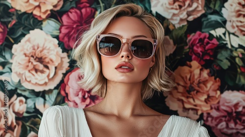 A blonde model wearing large sunglasses and radiating retro charm, her portrait framed by a beautiful, abstract floral background.