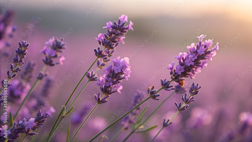Fototapeta premium Purple lavender flowers bloom in a large field at sunset and sunlight softly shines over them in this natural outdoor scenery.