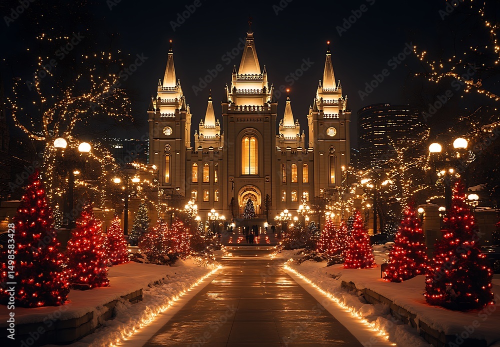 Fototapeta premium Illuminated temple and christmas trees displayed beautifully during a festive night time celebration