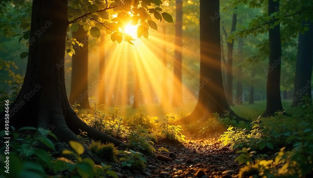Obraz premium Golden hour sunlight streams through leaves, illuminating a forest floor with a warm, ethereal glow Perfect for nature, serenity, and peaceful themes , woods, shadows