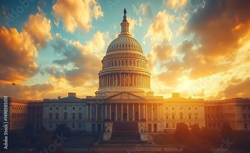 The united states capitol building at sunset illuminated by golden hour sunlight