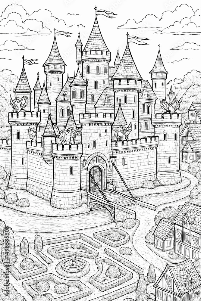 Obraz premium Medieval Castle and Garden – Coloring Page