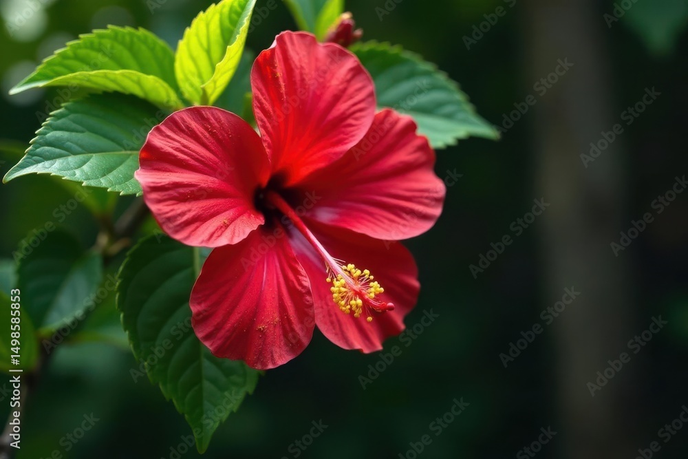 Deep red hibiscus, pollen-dusted petals, vibrant green leaves, tropical, bright Deep red hibiscus, pollen-dusted petals, vibrant green leaves, tropical, bright