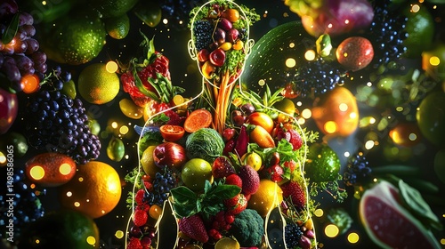A body made of vibrant fruits and vegetables with glowing patterns, representing a vegetarian life powered by natural, balanced nutrition.