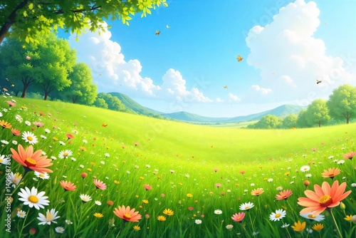 Sun-drenched meadow in summer, wildflowers in bloom, vibrant green grass, idyllic landscape, perfect for relaxation Butterflies flutter, bees buzz, gentle breeze , calmness, outdoors, tranquility
