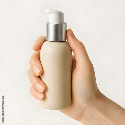 Beige Cosmetic Bottle with Pump Dispenser Held in Hand – Lotion or Cream Packaging Mockup