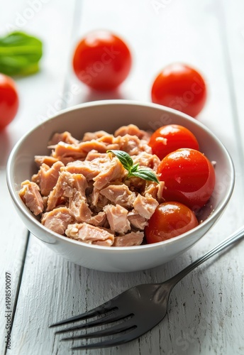 A bowl of canned tuna and bright red cherry tomatoes is complemented by a silver fork, creating a healthy snack on a white wooden table. Stock