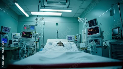The weary patient lies in the sterile room, silent machines humming as monitors flicker with vital signs.
