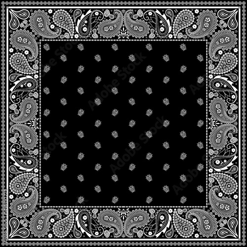 Bandana paisley square ethnic floral hand drawn pattern.Ornament classic vintage vector elements white on black background.Design for scarf,headscarf,kerchief,hijab,tablecloth,print fabric,decoration.