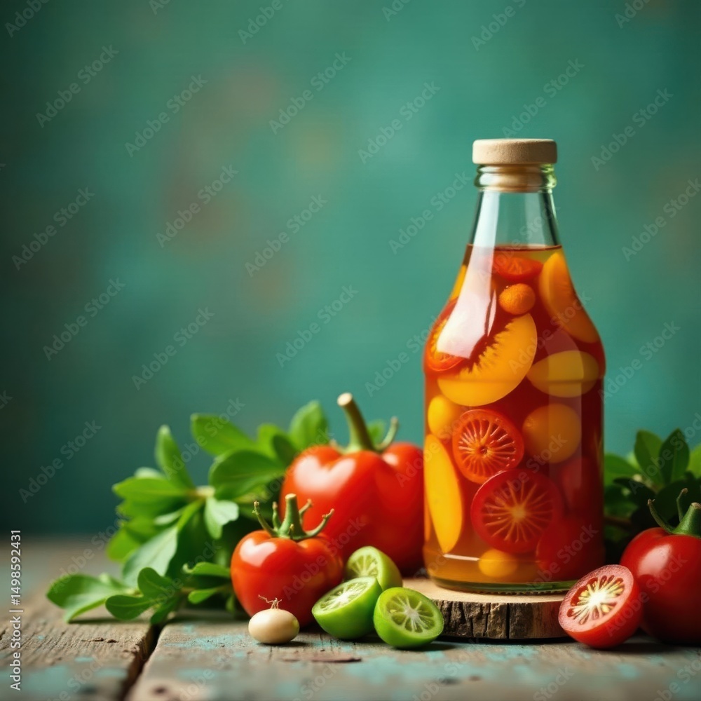 Handcrafted bottle, pickled vegetables, harvest festival backdrop, greenery, celebration Handcrafted bottle, pickled vegetables, harvest festival backdrop, greenery, celebration