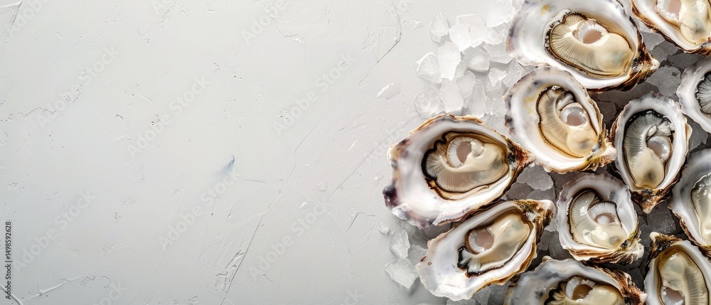 Fresh oysters on ice with rosemary garnish on a textured gray background. Top down aerial view of oyster or sea food scattering around at various texture. Flat lay composition with copy space. AIG55. Fresh oysters on ice with rosemary garnish on a textured gray background. Top down aerial view of oyster or sea food scattering around at various texture. Flat lay composition with copy space. AIG55.