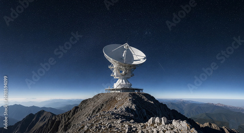 A satellite dish on a remote mountain peak, pointing toward the sky under a starry night