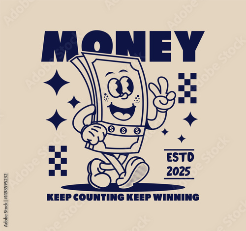 Funny retro dollar bill cartoon character in vintage style. Vector illustration, perfect for t shirt prints, stickers, posters, and merchandise