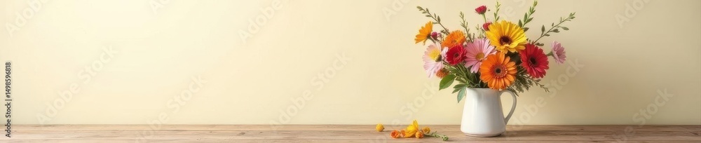 Fototapeta premium Rustic wooden table, cream backdrop, wildflowers in a vase, rustic, blooms, pastel