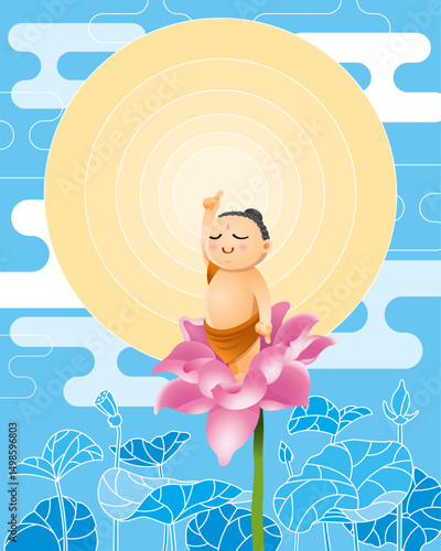 A small and cute buddha emerged from a lotus flower. Vector, with monotone color background.
