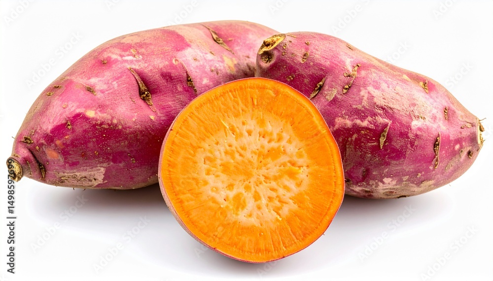 Fototapeta premium Red Sweet Potatoes on Isolated White Background – Vibrant Orange Flesh and Glossy Skin with Macro Detail and Bright Lighting