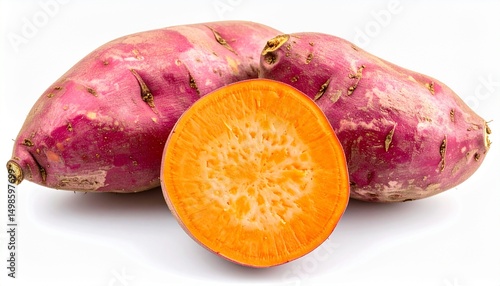 Red Sweet Potatoes on Isolated White Background – Vibrant Orange Flesh and Glossy Skin with Macro Detail and Bright Lighting