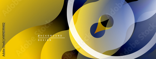 Abstract design features flowing shapes, vibrant yellow, blue, white hues. Modern aesthetic, dynamic composition, smooth gradients present.