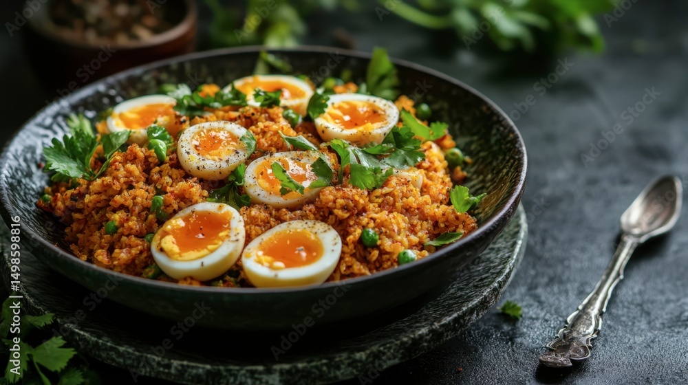 Flavorful Dish of Spiced Couscous with Boiled Eggs and Herbs Flavorful Dish of Spiced Couscous with Boiled Eggs and Herbs