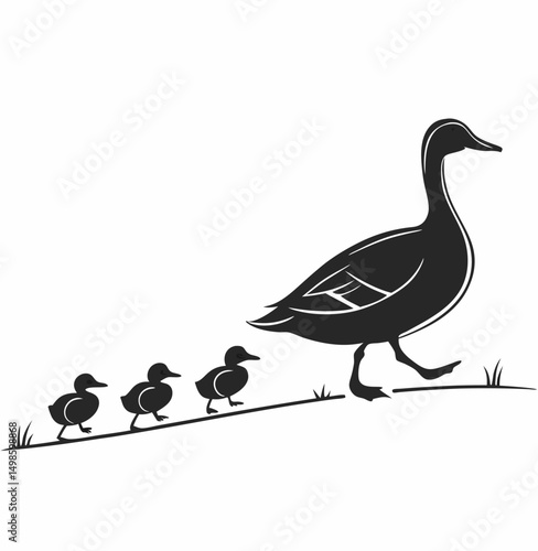 Mother Duck Walking with Ducklings Illustration