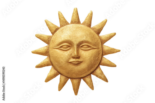 Gold sun face illustration with radiant rays on black background, cut out