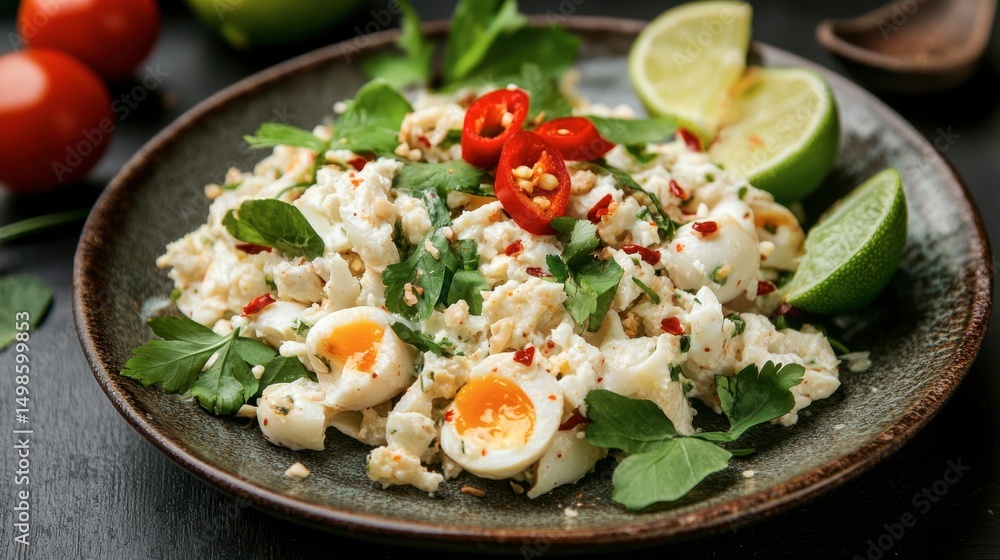 Fresh and Colorful Salad with Eggs, Herbs, and Spicy Red Peppers Fresh and Colorful Salad with Eggs, Herbs, and Spicy Red Peppers