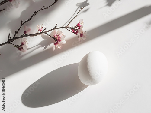 Minimalist Easter egg on a clean white background with soft spring flower shadows, creating a calm and elegant seasonal background image.