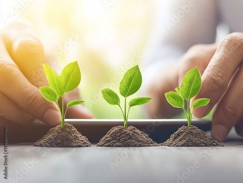 Senior couple reviewing financial charts on a tablet, with money plants growing beside them on a sleek table. This is a financial wellness background image with a modern and optimistic feel.