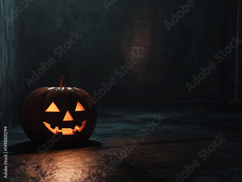 This is a background image featuring a single carved pumpkin lit by candlelight in a dark minimalist room, creating a moody and atmospheric Halloween scene.