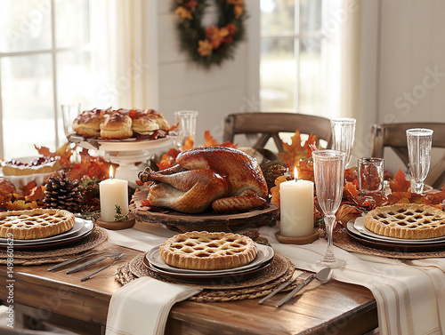 Background image of a festive Thanksgiving dinner table set with roast turkey, pies, candles, and autumn-themed decorations, creating a warm and inviting holiday scene.