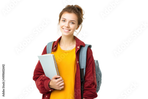 Smiling young caucasian female student with backpack and notebook against white background, cut out