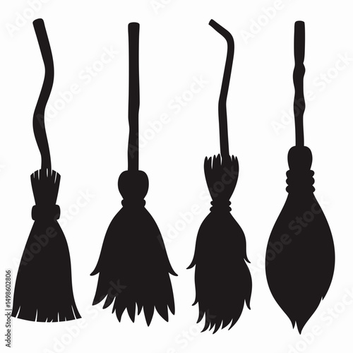Rustic Broom Silhouette Vector Bundle Featuring Witch Brooms, Curved Handles, and Vintage Styles for Halloween Crafts, Magical Decor, and Spellbook Designs