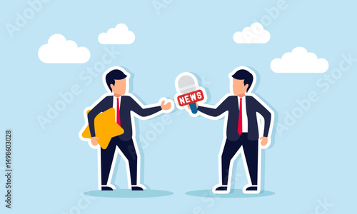 Journalist interviewing businessman holding a star illustration of interview about success in improving business quality