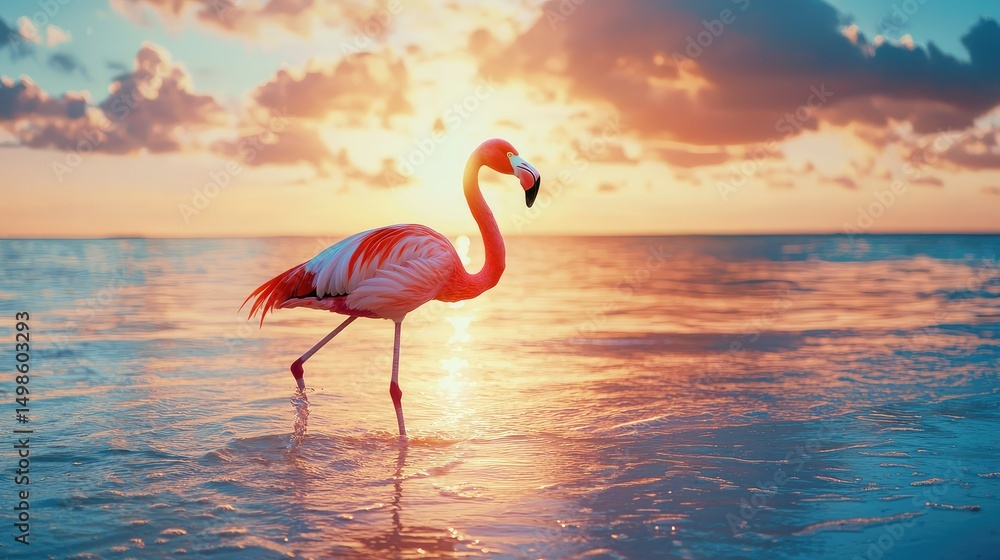 Fototapeta premium A carefree flamingo in sunglasses, walking along the water's edge at sunset.