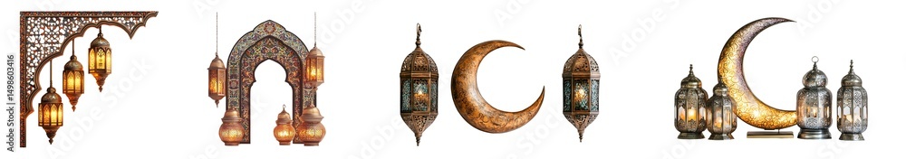 Obraz premium set of Ornamental lanterns and crescent moon designs isolated on transparent background