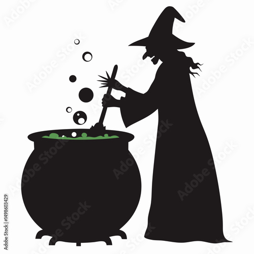 An eerie silhouette showcases a cloaked witch, stirring a green potion inside a dark cauldron. Bubbles rise from the liquid within the cauldron. Presented on white background.