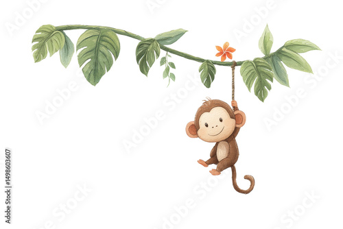 Cute cartoon monkey hanging from jungle vine with orange flower, cut out