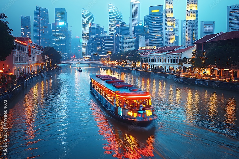 Obraz premium Singapore river cruise night cityscape skyline